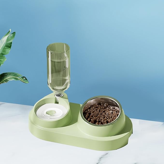 Plastic Bottle Pet Feeder Self-refilling Pet Bowl Pet Feeder 2-in-1 Automatic Water Dispenser with Removable Stainless Steel Bowls Pet Supplies Green
