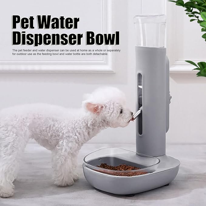 Pet Water Dispenser with a Food Bowl, Height Water Dispenser 480ml Bottle Automatic Standing Drinking Machine for Cat Dog