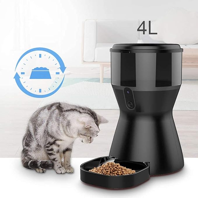 Automatic Pet Feeder, 4L Smart Pet Feeder Food Dispenser, HD Camera Video Recording, App Control for iPhone and Android, for Cat Dog (Black)