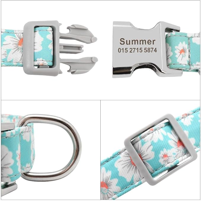 Custom Dog Collar Nylon Floral Engraved Pet Puppy Collar Print Personalized Name Collars for Small Medium Large Dogs Pitbull Green 3 L