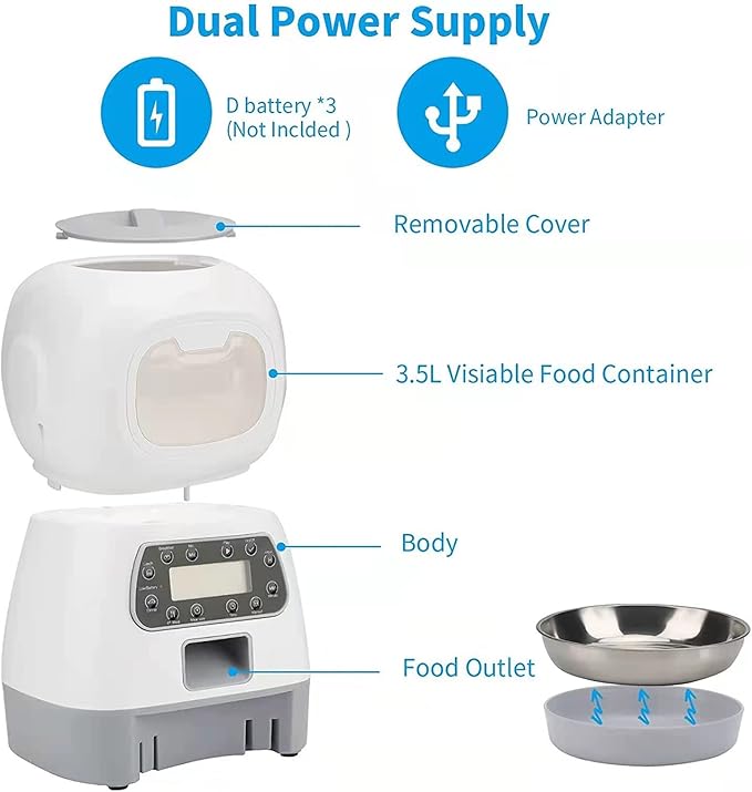 3.5L Automatic Cat Feeder, Auto Dog Food Dispenser with Twist Lock Lid, Dog Cat Dry Food Dispenser with Voice Recorder, Timed Cat Dog Feeder