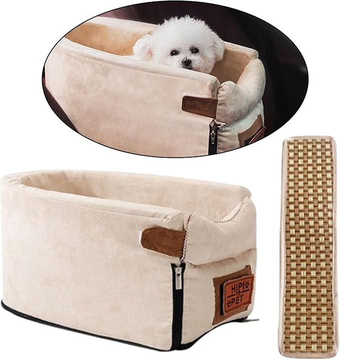 Pet Car Booster Seat Portable Breathable Travel Carrier Stable Puppy Dog Car Seat Summer Cooling Mat (Beige)