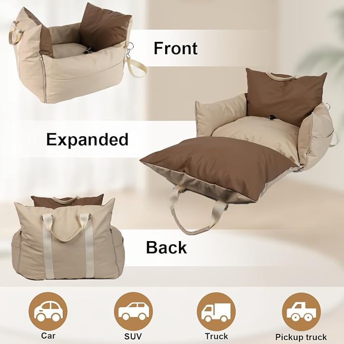 PU Leather Small Dog Car Seats for Small Dogs, Waterproof Dog Booster Car Seat with Storage Pockets and Stretchable Dog Seat Belt, Anti-Scratch Soft Leather Puppy Car Seat for Travel and Home, Beige