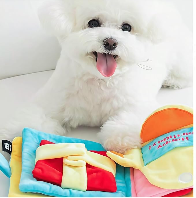 Cute Dog Birthday Toy Squeaky Snuffle Mat for Small Medium Dogs Interactive Plush Book Treat Puzzle for Puppy Crinkle Gifts (Yellow)