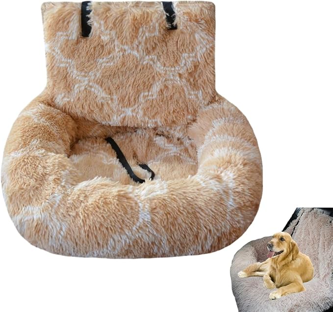 Dog Car Seat with Thick Cushion Travel Pet Bed with Seat Belt Car Seat Dog Bed for Large and Small Dogs (Apricot & White Check, Medium)