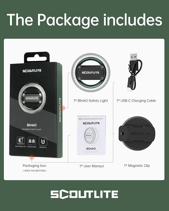 BlinkO Wearable Outdoor Safety Lights, EDC Hands-Free Flashlight with Clip for Hiking and Cycling, Magnetic Clip on Flashlight for Dog Walking at Night, Running Light for Runners, 5 Modes