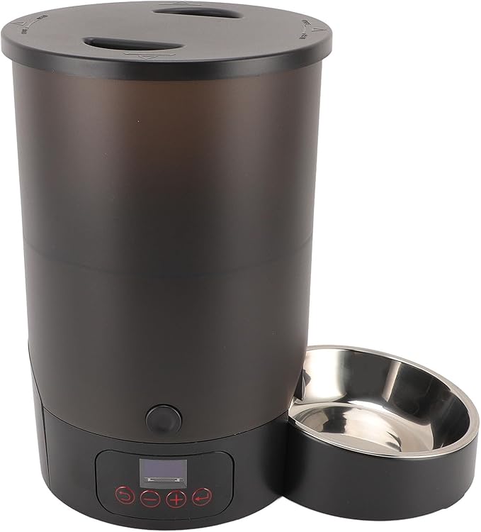 Focket Dog Cat Automatic Feeder Visible Bucket Automatic Pet Feeder Stainless Steel Key Control for Home (Black Single Bowl)