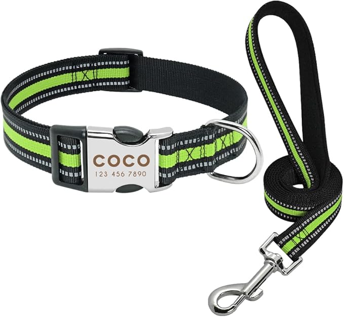 Custom Pet Dog Collar Leash Reflective Nylon Small Dog Puppy Collars Personalized Pitbull Medium Large Dog Collar Engrave Name Green Set S