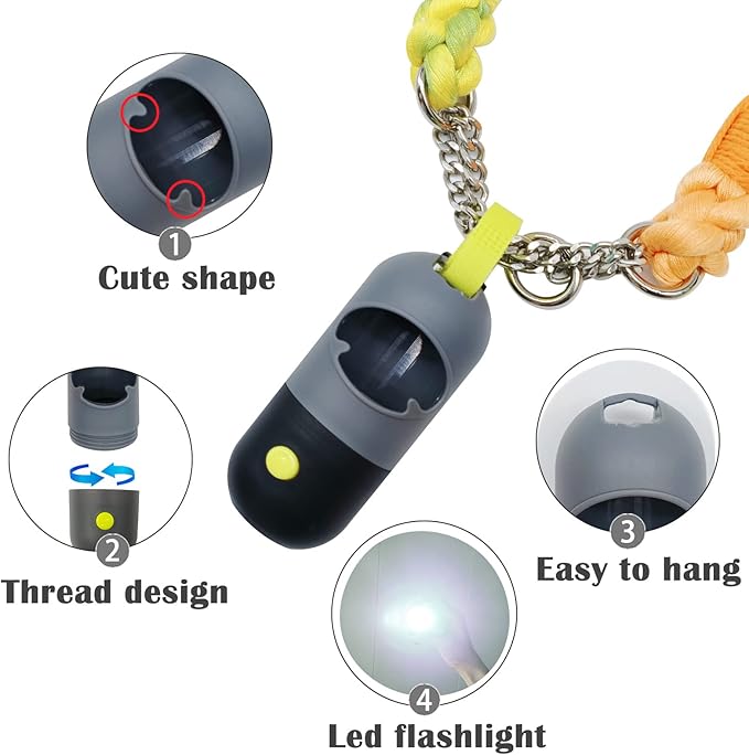 Dog Poop Bag Dispenser with LED Flashlight Poop Bags Holder with 7 Rolls Green Dog Waste BagsPet Garbage Bags Carrier with Carabiner 2 Hook&Loop Fastener 9 LR44 (Grey)
