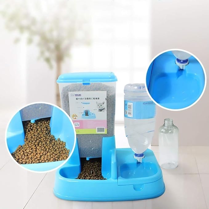 feeders Creative Automatic Pet Feeder Cat and Dog Automatic Feeding Device Drinking Water Feeding Dualuse Automatic Drinking Fountain (Color: Blue)