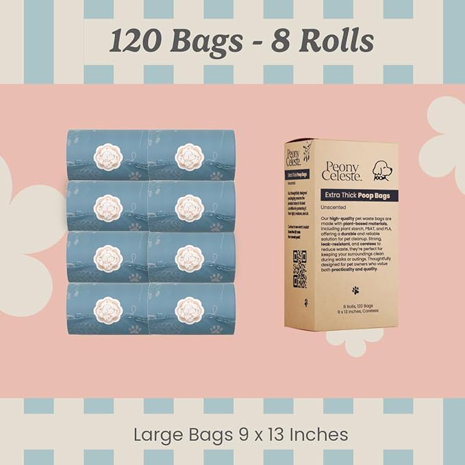 Extra Thick Poop Bags by Peony Celeste - Blue Stone Color, Leak-Resistant, Coreless, Unscented Pet Waste Bags, 9x13 Inches
