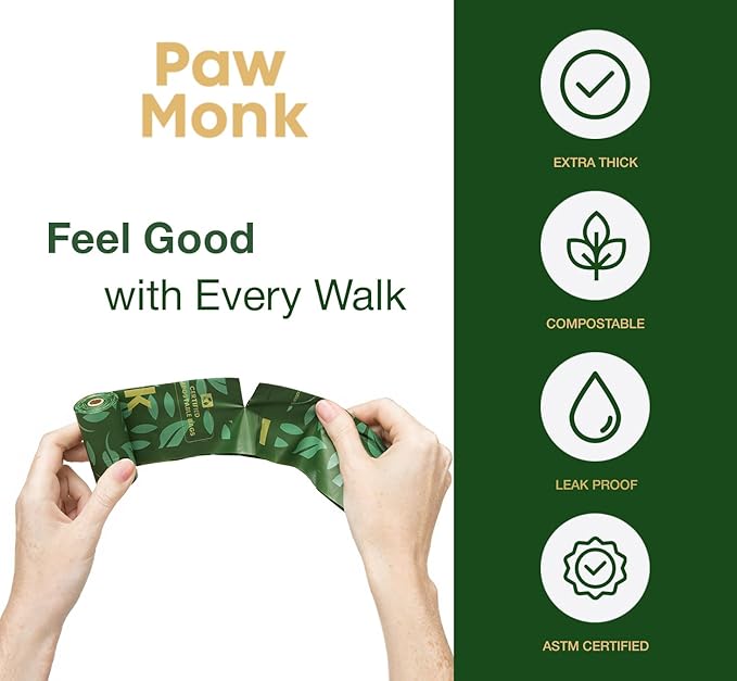Paw Monk Heavy Duty Certified Home Compostable Dog Poop Bags Rolls Refill – 20 Micron Extra Thick & Leakproof, Easy Open – 120 Bags (8 Rolls)