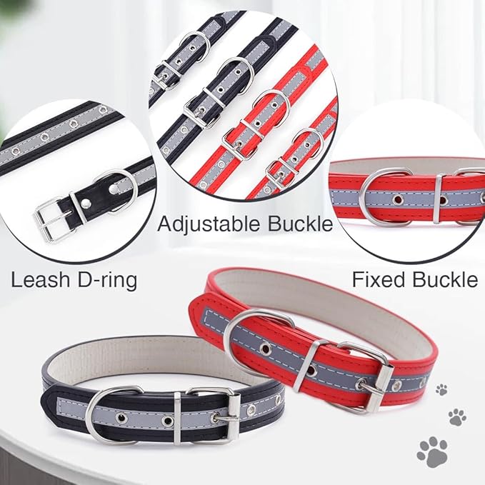 Campsis 2PCS Reflective Dog Collar Adjustable Metal Buckle Dog Collars Puppy Collar with Reflective Strip for Small Medium Large Dogs (L=11.8-14.9inch)