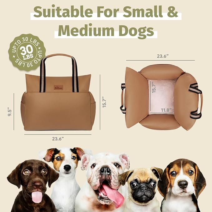 Car Seat | Waterproof Dog Booster for Car | Easy-to-Carry Dog Bed Up to 30 Lbs with Handles & Storage (Mocha)