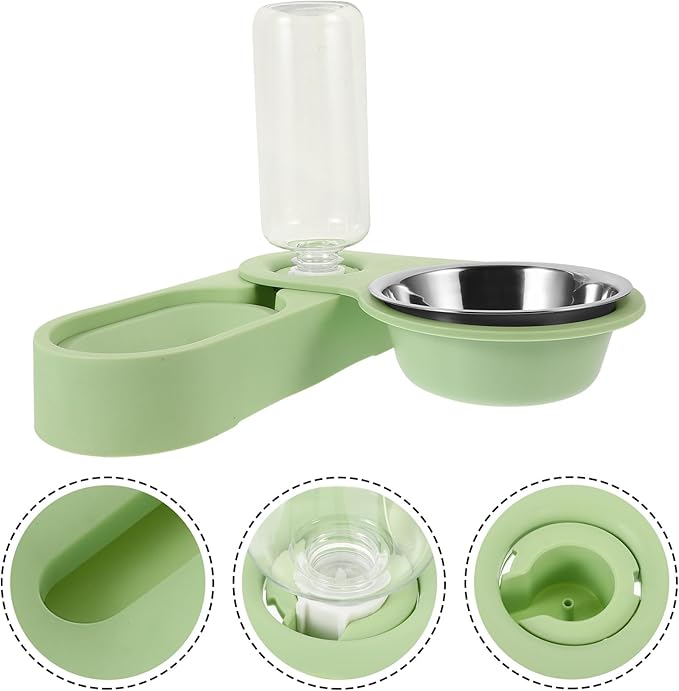 BESTonZON Stainless Steel Cat Food Feeder Double Bowl Detachable Wall Corner Rotatable Foldable Pet Feeding Station with Green Base for Cats