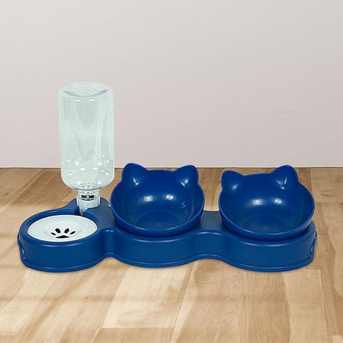3 in 1 Dog Cat Bowls Water and Food Bowl Set Pet Feeder with Automatic Waterer Bottle Feeding Bowls for Puppy Small or Medium Size Dogs Cats, Dark Blue