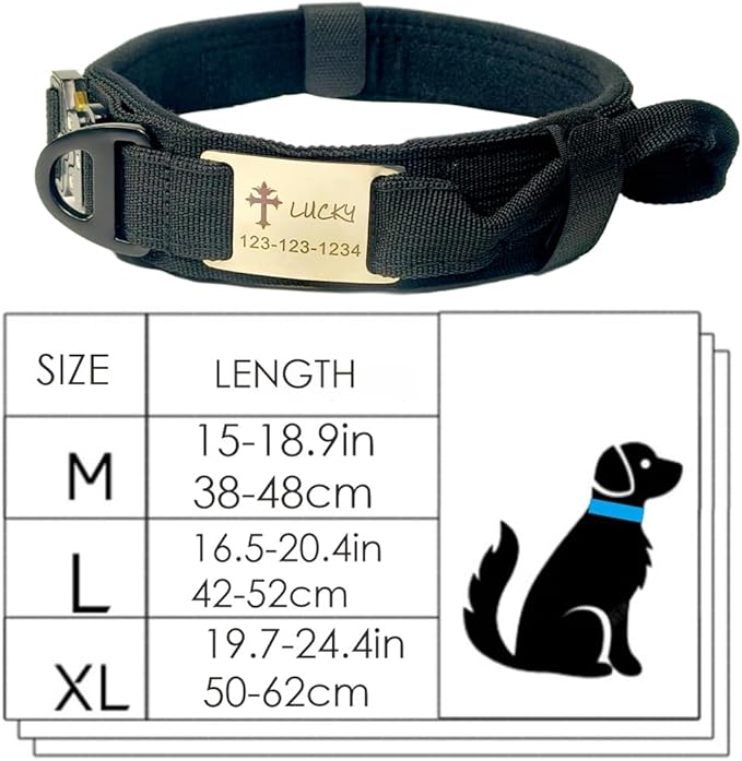 Personalized Tactical Dog Collar with Handle, Military Style, Adjustable (Black, XL(19.7-24.4"))
