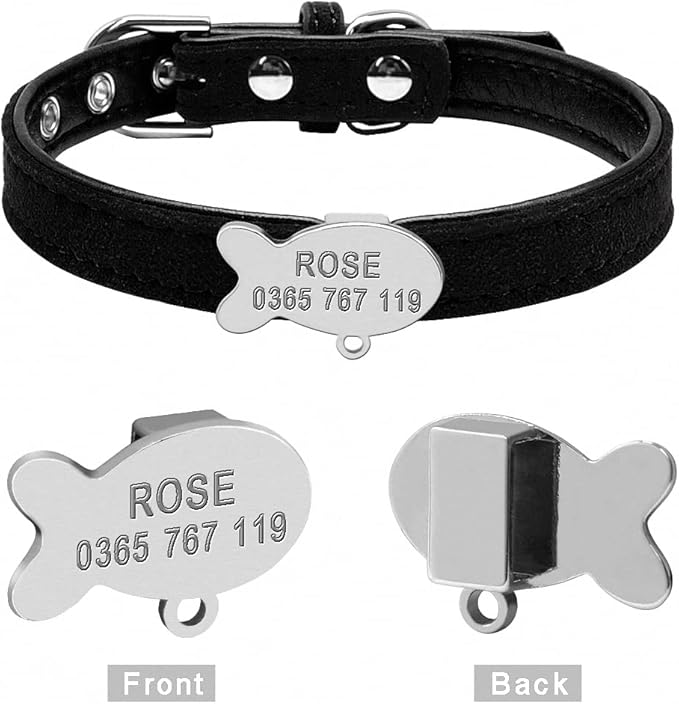 Personalized Chihuahua Collar for Small Dog Adjustable Padded Pet Collars with Bell for Small Medium Cat Dogs Black Fish S