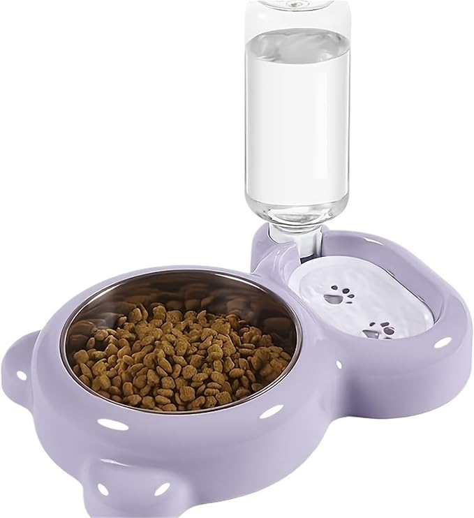 Compatible for Cats and Dogs, Automatic Water Dispenser Bottle with Double Feeding Bowl Set(Purple)