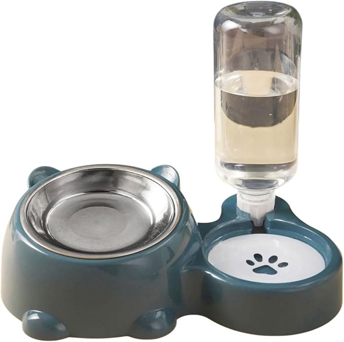 Anti Tip Pet Food Water Bowl Set Automatic Dispenser Bottle Detachable Metal Dish Ergonomic Raised Feeder for Cats Dogs Spill Dog Dish with Stainless Steel Bowl