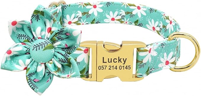 Flower Custom Dog Collar Leash Floral Printed Nylon Pet Dog Collars Lead Personalized Puppy Collars for Small Medium Large Dog 153 Green L