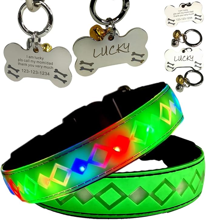 LED Dog Collar with ID Tag, 15 Light Modes, Waterproof Silicone, Night Safety (GREEN Pro, S(7.87-11.8"))