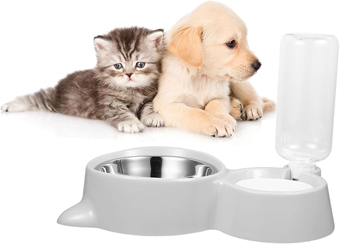 POPETPOP Double Dog Feeder Bowl with Automatic Water Dispenser Spill Design for Cats and Dogs Easy to Portable Pet Drinking Tool Capacity for Travel and Home Use
