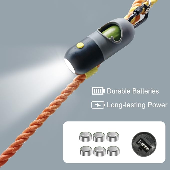 Dog Poop Bag Dispenser with LED Flashlight Poop Bags Holder with 7 Rolls Green Dog Waste BagsPet Garbage Bags Carrier with Carabiner 2 Hook&Loop Fastener 9 LR44 (Grey)