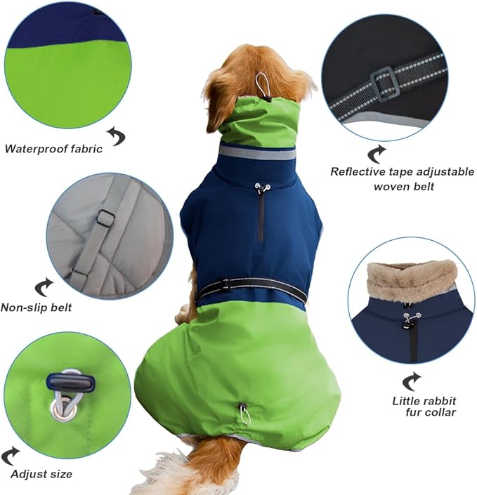 Waterproof Dog Winter Coat, Reflective Turtleneck Fleece Jacket with Snow Protection for Large Dogs, Cold Weather Pet Clothing (Green, 4XL)
