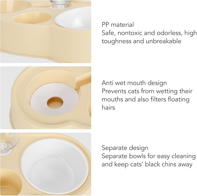 Pet Water and Food Bowl Set, Stable Prevent Slip Double Pet Bowls with Automatic Water Dispenser Bottle, Double Dog Cat Bowls Pet Feeding Bowls for Cats Small Dogs(Yellow)