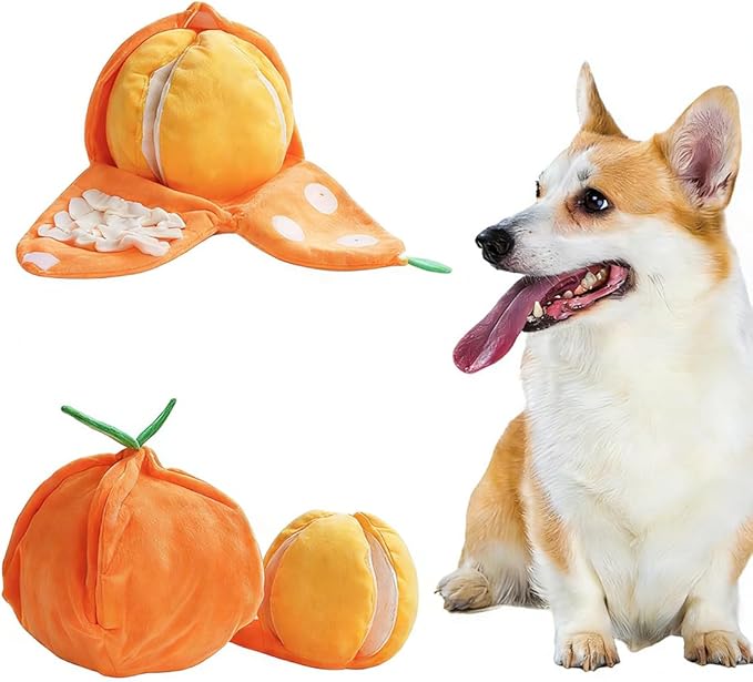 RJDJ Orange Hide-and-Seek Plush Dog Toy, Interactive Squeaky Watermelon Dog Toy with Hidden Pockets, Watermelon Snuffle Toy for Boredom Small Medium Dogs (2PC-C)