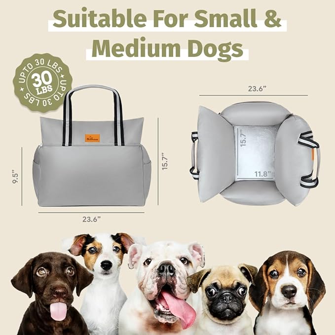Dog Car Seat (Waterproof Booster) | Essential Travel Bed with Handles, Matching Pockets (Up to 30 Lbs) - Light Gray