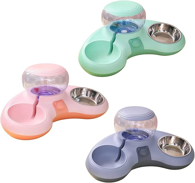 Indoor Dogs Double Feeding Bowls and Automatic Water Dispenser Pet Eating Drinking Pet Dogs Bowls Multi-Color Can Choose