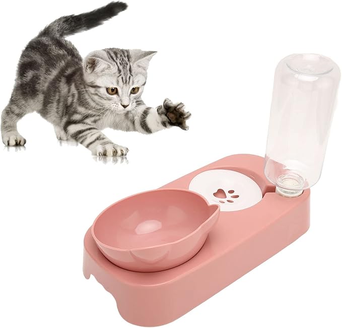 Pet Water Food Bowls - PP Raised Detachable Automatic Water Feeder - Pets Water and Food Bowl Set, Strainer Design, Protection from Dust for Small Medium Cat Dog (Pink)