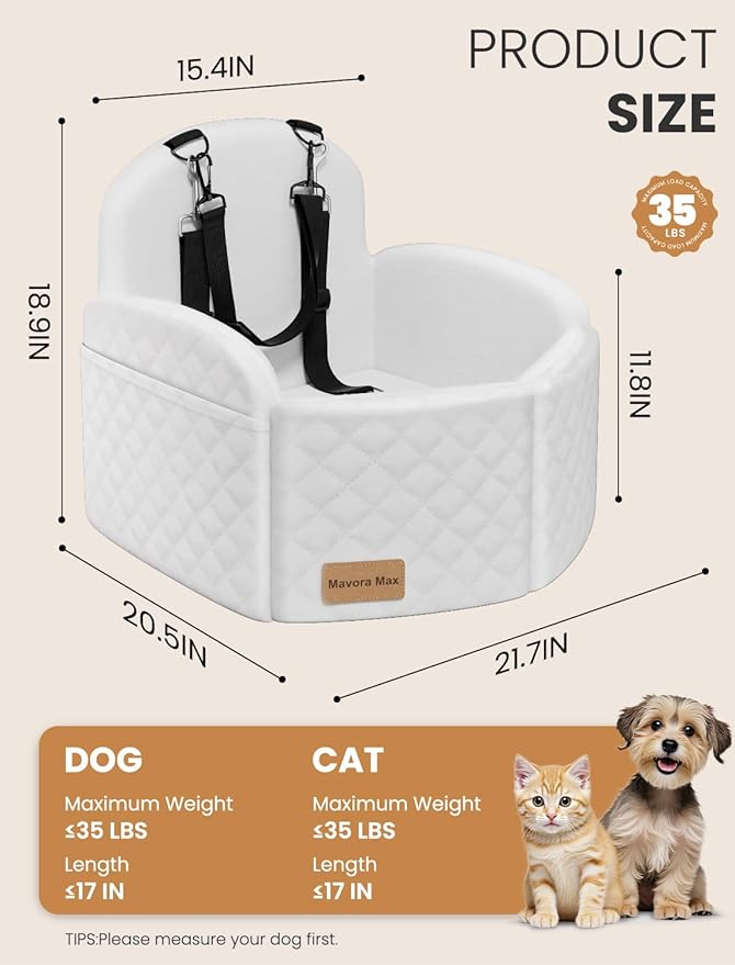 Dog Car Seat for Small/Medium Dogs, Elevated Dog Booster Seat Memory Foam Puppy Car Seat with Washable Cover, Travel Safety Pet Seat for Car with Storage Pockets Up to 35 lbs (White)