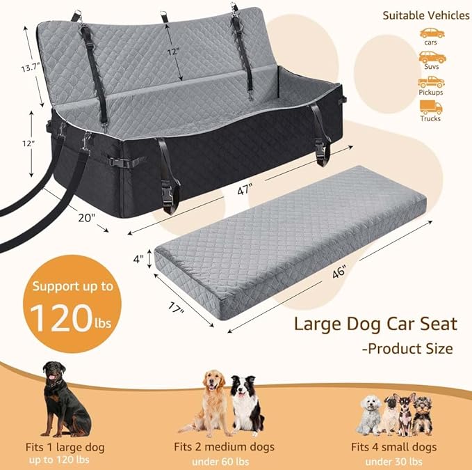 unipaws Dog Car Seat for Medium/Large Dogs up to 120lbs, Pet Booster Seat with 2 Safety Belts & Side Pockets, Easy Front/Side Entry, Detachable, Washable Pet Car Bed for Backseat (Black/Grey)