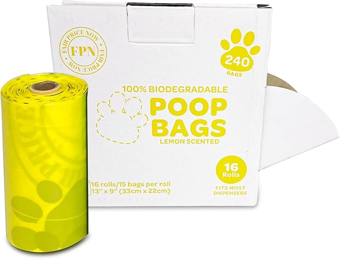 FPN Dog Poop Bags – 16 Rolls - 240 Bags, 13″ x 9″, Fits Most Dispensers –Biodegradable, Leak-Resistant & Earth-Friendly Pet Waste Bags (Lemon)
