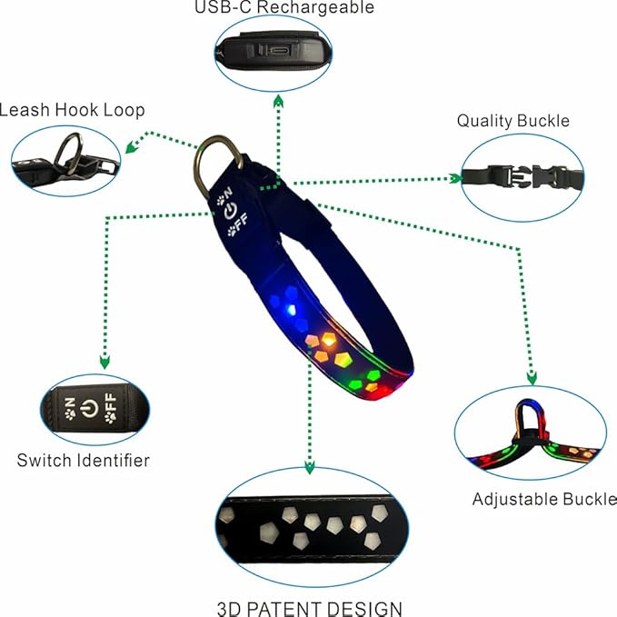 customerlized Personalized Dog Collar USB Rechargeable, Waterproof airtag Holder LED Light Up Dog Collar Adjustable Soft Silicone Collar for Medium Large Dogs (RED PRO, XL(19.7-23.6"))