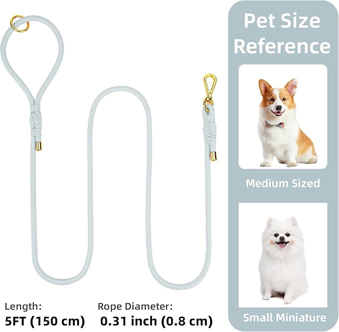 Durable Handwoven Dog Leash for Small & Medium Dogs, 5/16 inch Rope Lead with Anti-Tangle Swivel Clip, Soft & Lightweight, 5FT Long – Ideal for Daily Walking & Training (Light Blue)