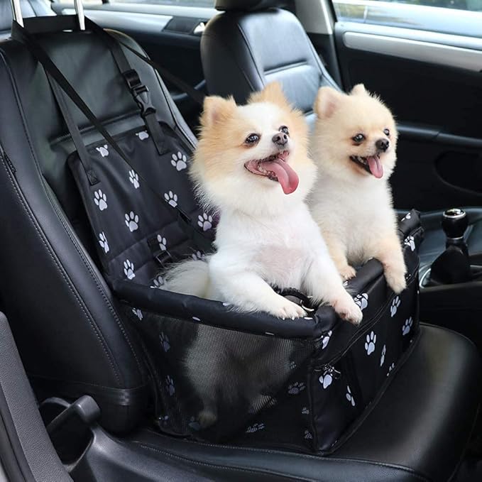 Pet Car Booster Seat for Dog Cat Portable and Breathable Bag with Seat Belt Dog Carrier Safety Stable for Travel Look Out,with Clip On Leash and Storage Pockage (Black)