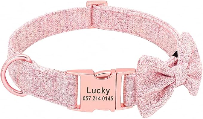 Fashion Personalized Dog Collar Custom Nylon Dog Collars Engraved Name ID Adjustable for Small Medium Large Dog Chihuahua Bownot Pink L