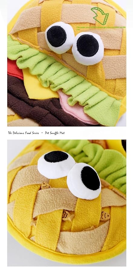 Interactive Pet Snuffle Mat with Crinkle Paper and BB Sound – Food-Shaped Nose Work Mat for Cats, Dogs, and Small Pets, Anti-Slip Base, Puzzle Feeding Toy (Hamburg)
