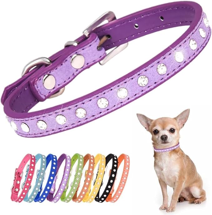 Serijoars Puppy Dog Collar with Crystal Diamond Colorful Bling Girl Puppy Small Dog Cat Collars (S, Purple)
