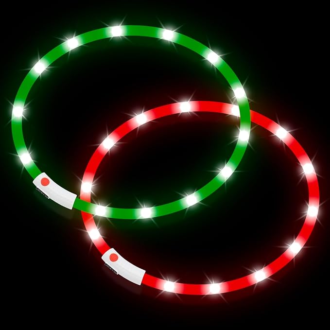 BSEEN Light Up Dog Collar - 2 Pack LED Dog Collar Rechargeable, Silicone Cuttable Glow in The Dark Dog Collar Light, Flashing Safety Dog Lights for Night Walking (Red+Green)