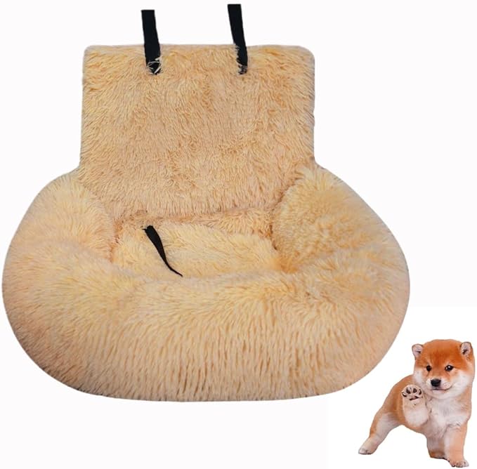 Dog Car Seat with Seat Belt Car Seat Dog Bed, Furry Safety Seat for Large and Small Dogs, Travel Pet Bed with Thick Cushions (Light Apricot, 110×60cm)