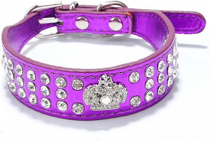 Luxury Pet Dog Collar Bling Crystal Rhinestones Crown Charm Accessories Leather Collars for Small Dogs Diamond Necklace 20E Purple S