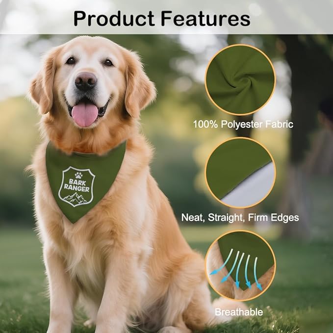 Bark Ranger Green Dog Bandana, Funny Puppy Scarf Photo Prop for Outdoor Adventure Hiking Camping Mountain, Funny Spring Summer Puppy Bandana for Pet Lover, Gifts for Ranger, Dog Scouts Scarf
