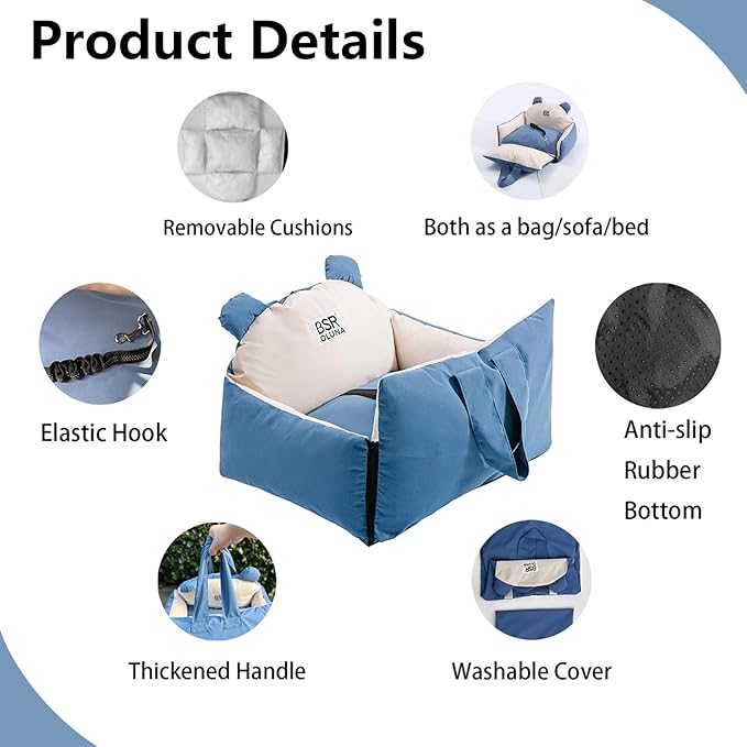 Dog Car Seat, Car Seat for Small Dogs with Harness, Machine Washable Front Back Seat Dog Car Seat, Portable Pet Travel Car Seat for Puppy Cat (Blue)