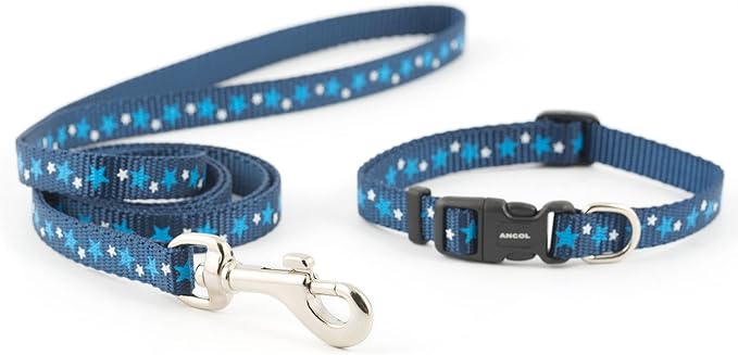 Ancol Small Bite Stars Collar and Lead Set Blue Adjustable Design for Puppies and Small Dogs - 1m Lead with Soft Webbing - 20-30cm