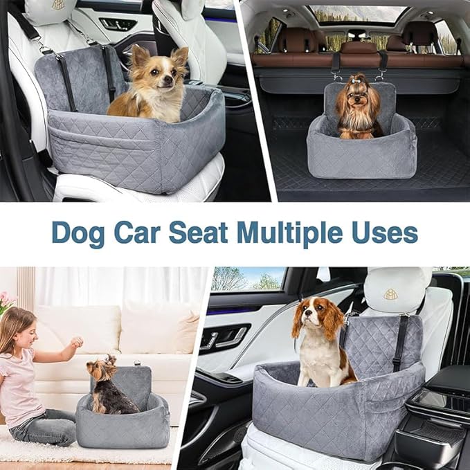 Deluxe Pet Car Seat, Booster Car Seats with Thick Cushionb for Dogs Up to 20 lbs, Detachable Washable Pet Travel Safety Bed with 2 Storage Pockets,and 2 Safety Belts (White)